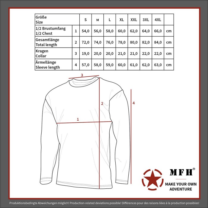 Size chart for Russian Navy shirt, long sleeve winter